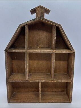 VTG 8-Section Barn House Shaped Wood Curio Cubby Display Case Mini Shelf Rustic